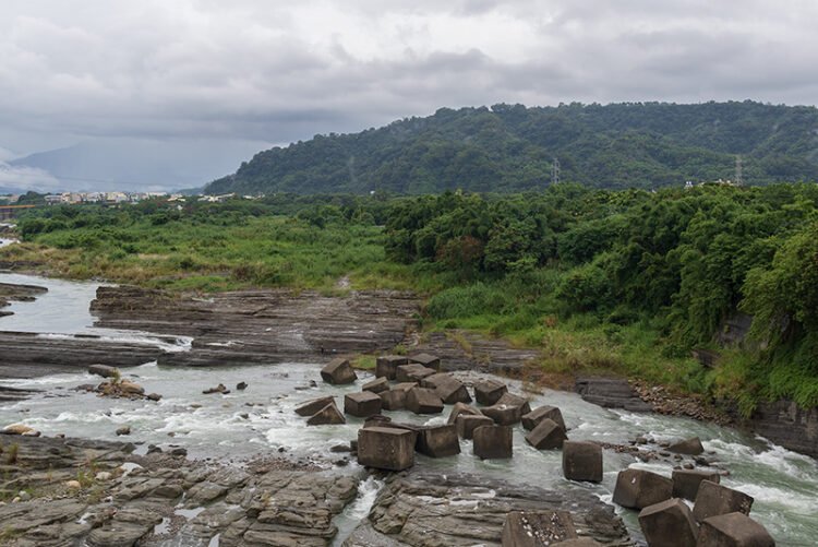 A river landscape view with big stones