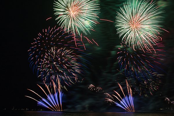 Blue and green fireworks night view