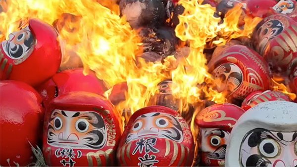 daruma dolls burning in the festival