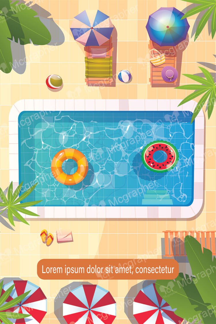 A swimming pool vector with a donut looking safety rings and umbrellas all around.