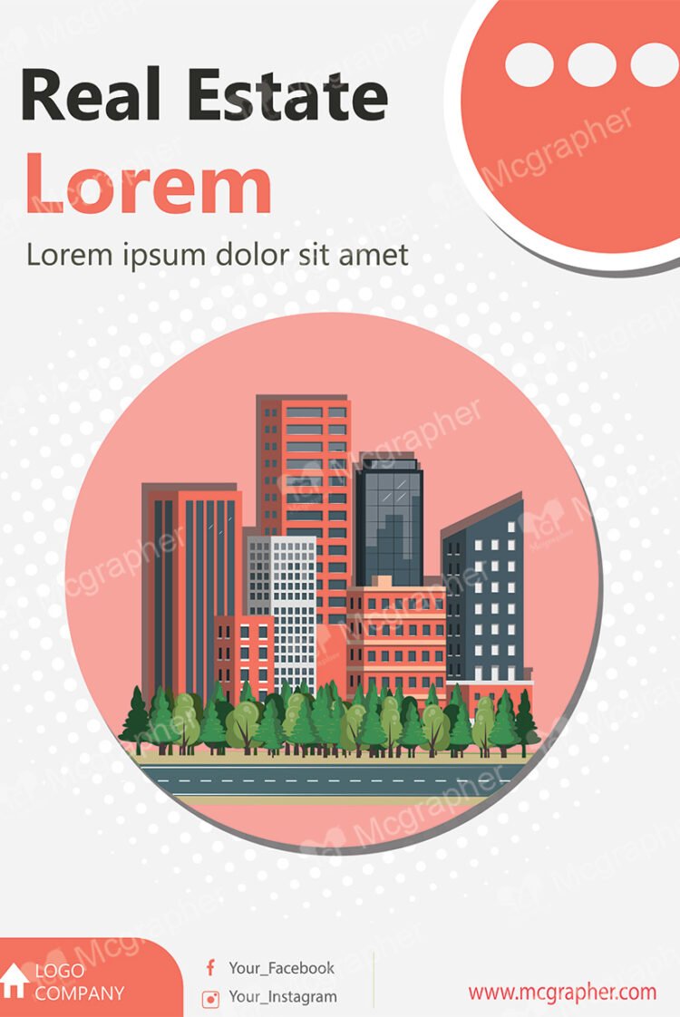 A customisable vector file of real estate with a view of buildings.