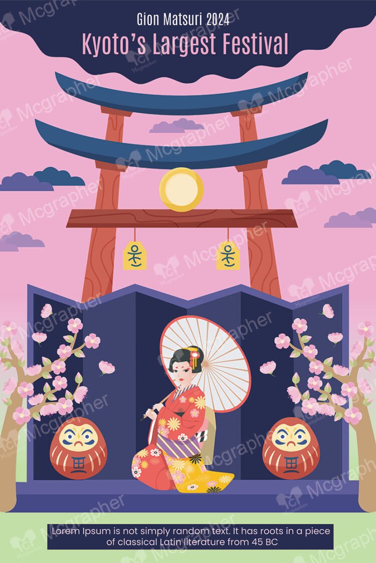 a Japanese women is wearing a kimono and sitting with daruma dolls outside the tori gate