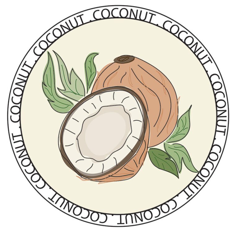 A logo of a coconut and leaf