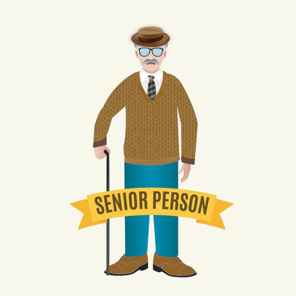 A logo of a senior person holding a stick