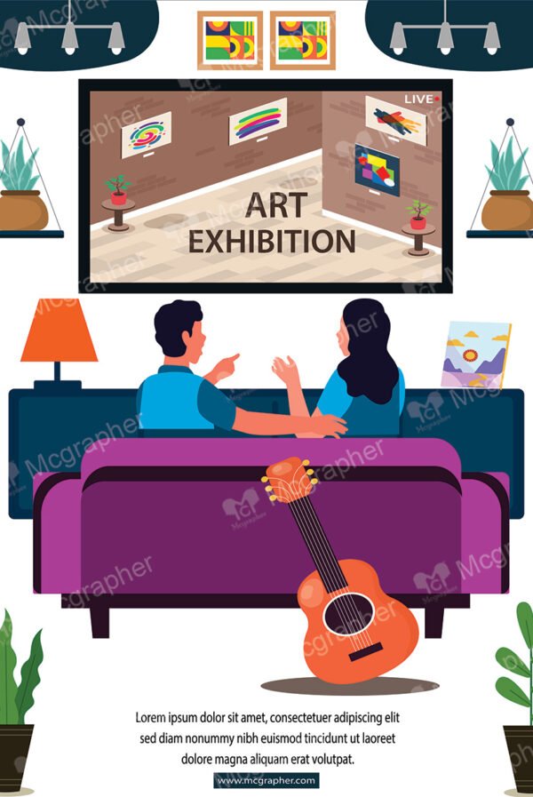 Couple watching art exhibition on TV