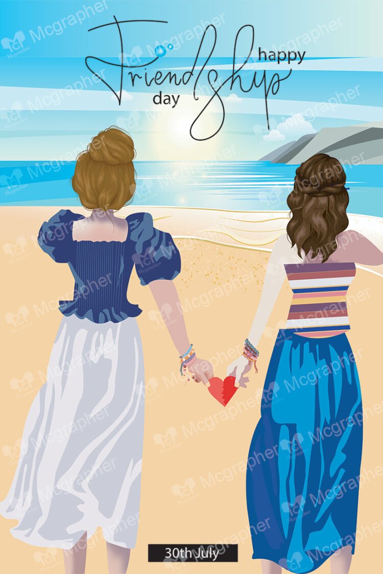 Two girls holding hands and walking in the beach