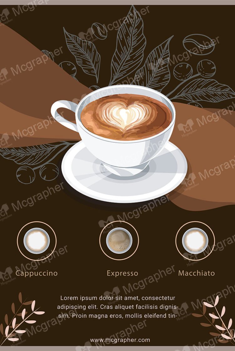 A cup of coffee with a shape of heart along with the top view of other coffees like cappuccino, expresso and macchiato.