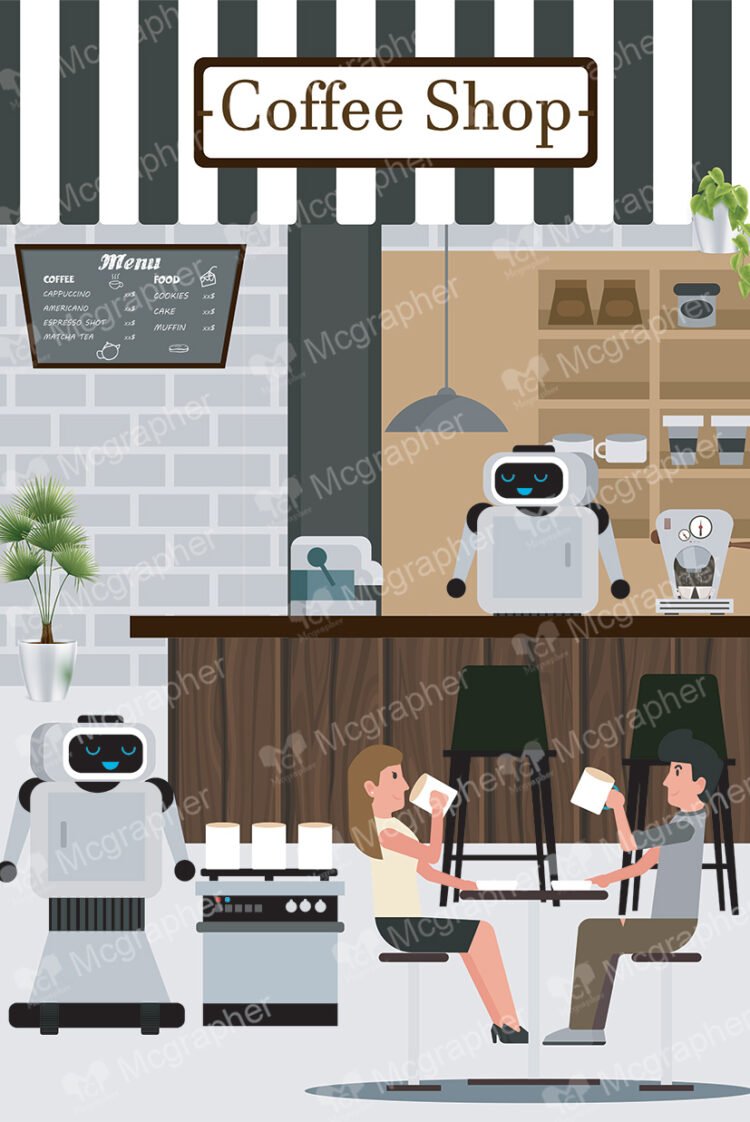 robots in a coffee shop preparing coffee for customers.