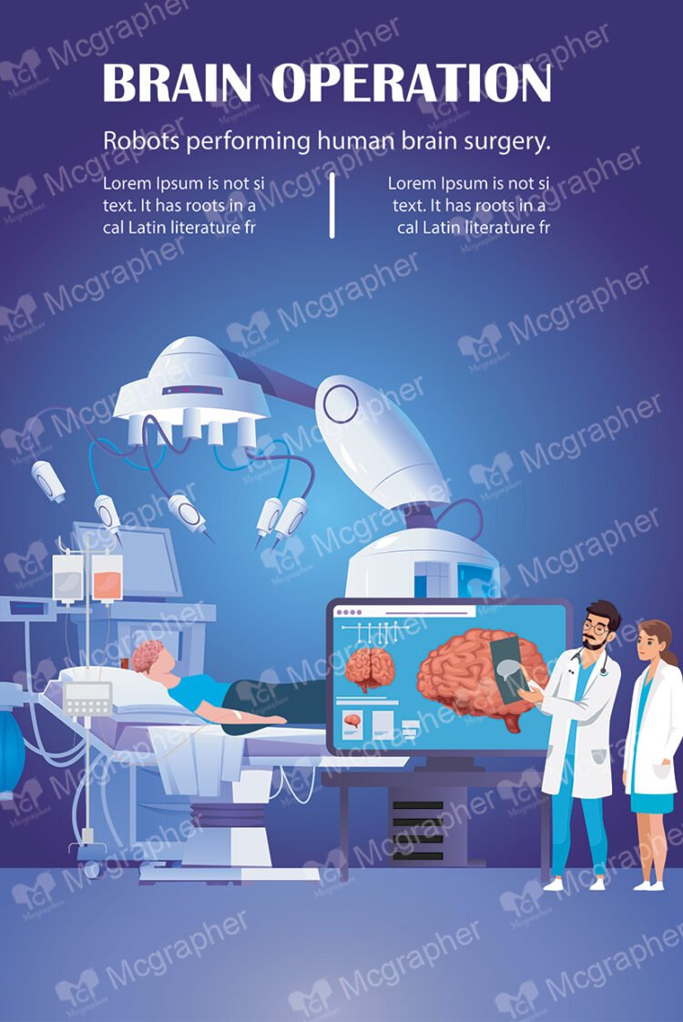 Robots performing brain surgery and doctors are checking the reports.