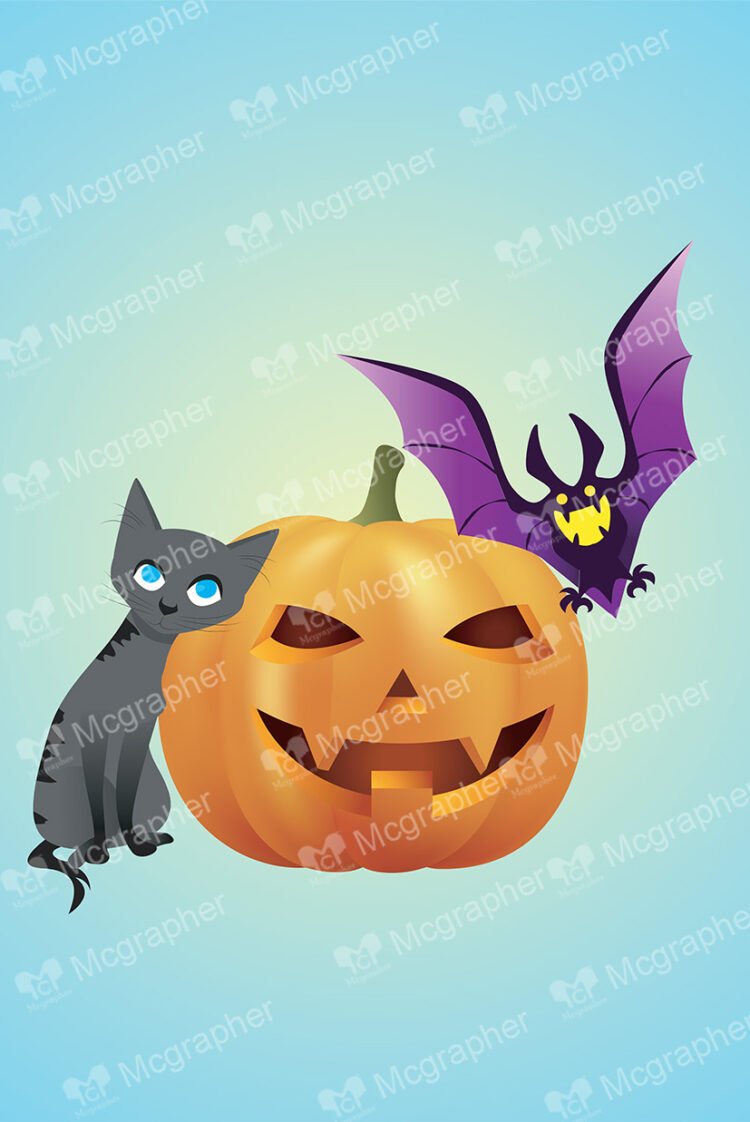 Evil pumpkin with a bat and a cat