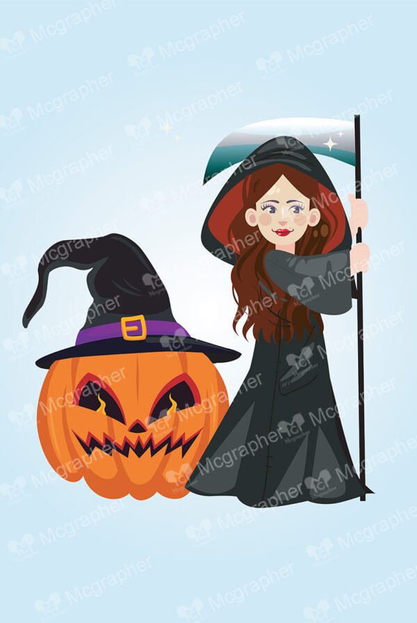 Cute witch with an evil pumpkin