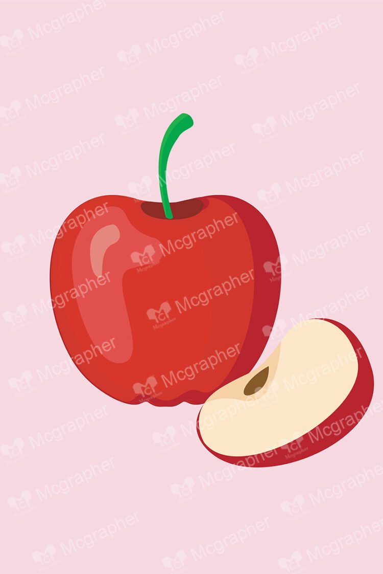 An apple and a slice on a peach background