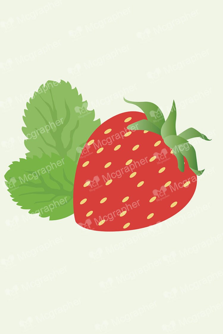 2D strawberry and a leaf on a light background