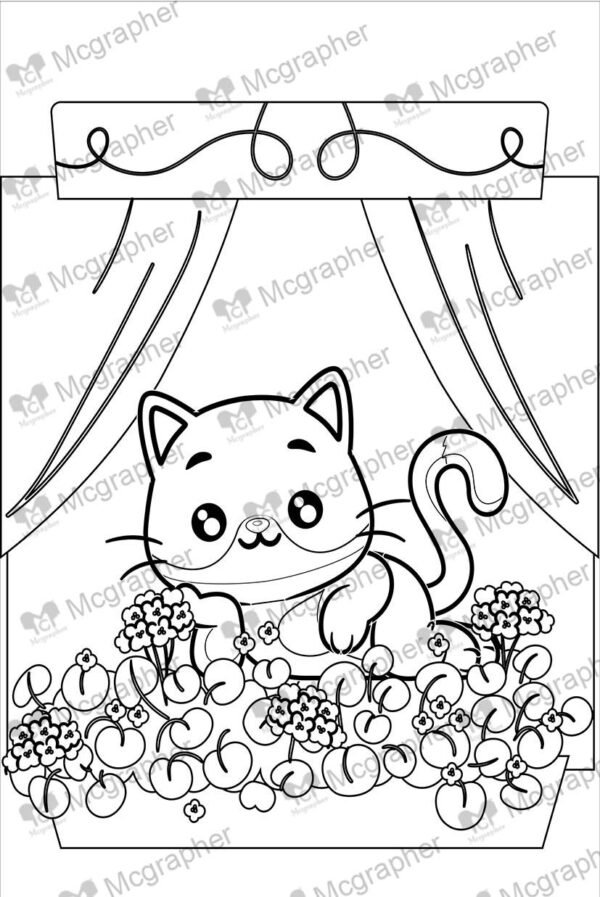 a cat behind the flowers and curtains