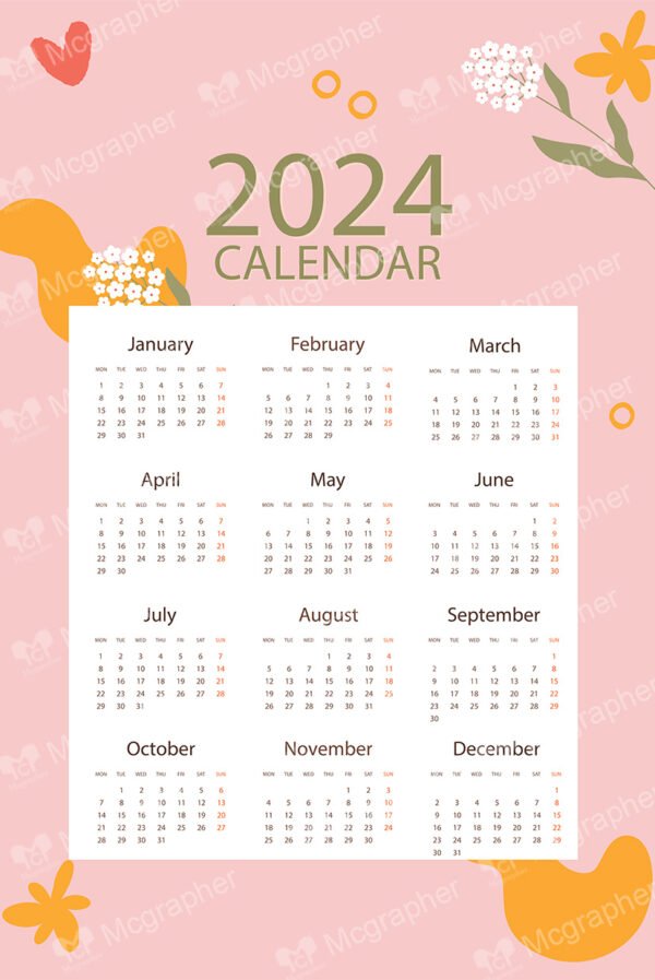 2024 Calendar on a pink background