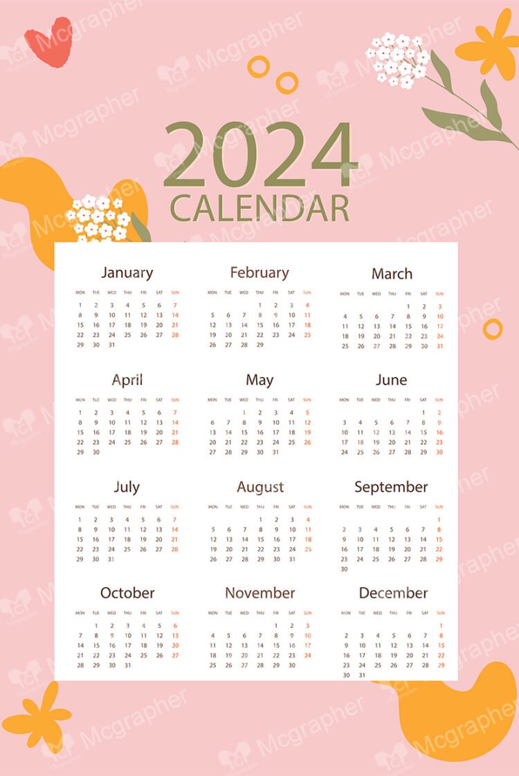 2024 Calendar on a pink background