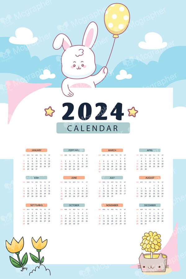 2024 Calendar and a rabbit holding balloon