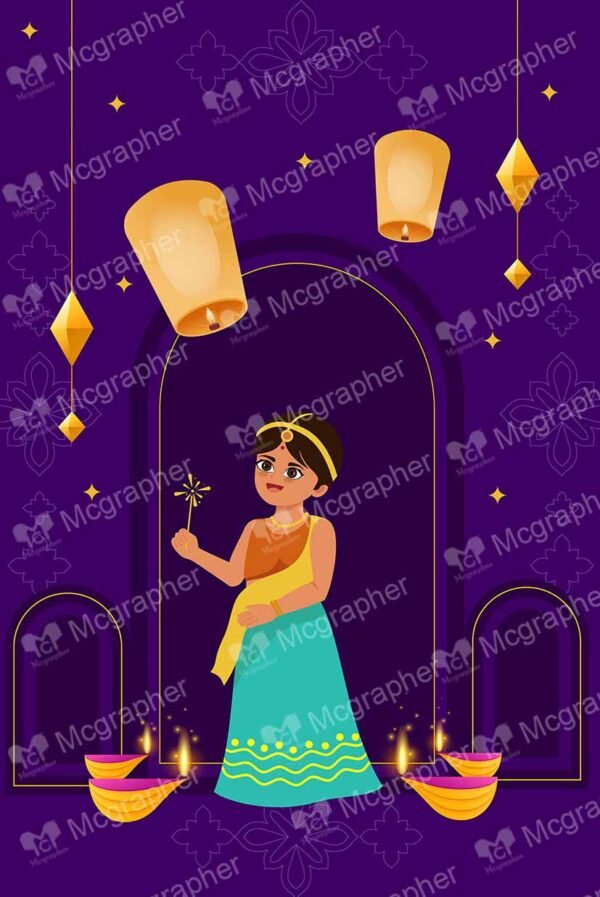 A cute girl surrounded by Diwali diyas