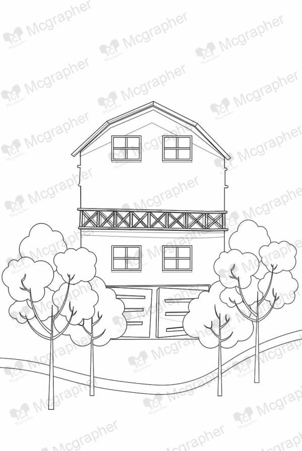 two story village house with trees