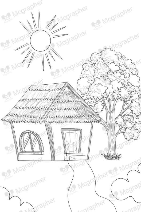 small house with a sun and a tree