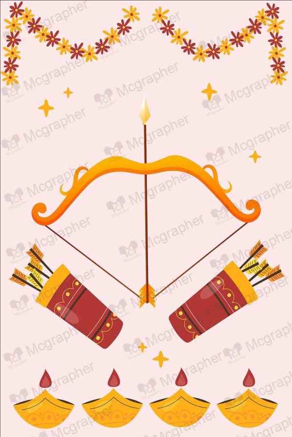 Bow and arrow with diya and flowers