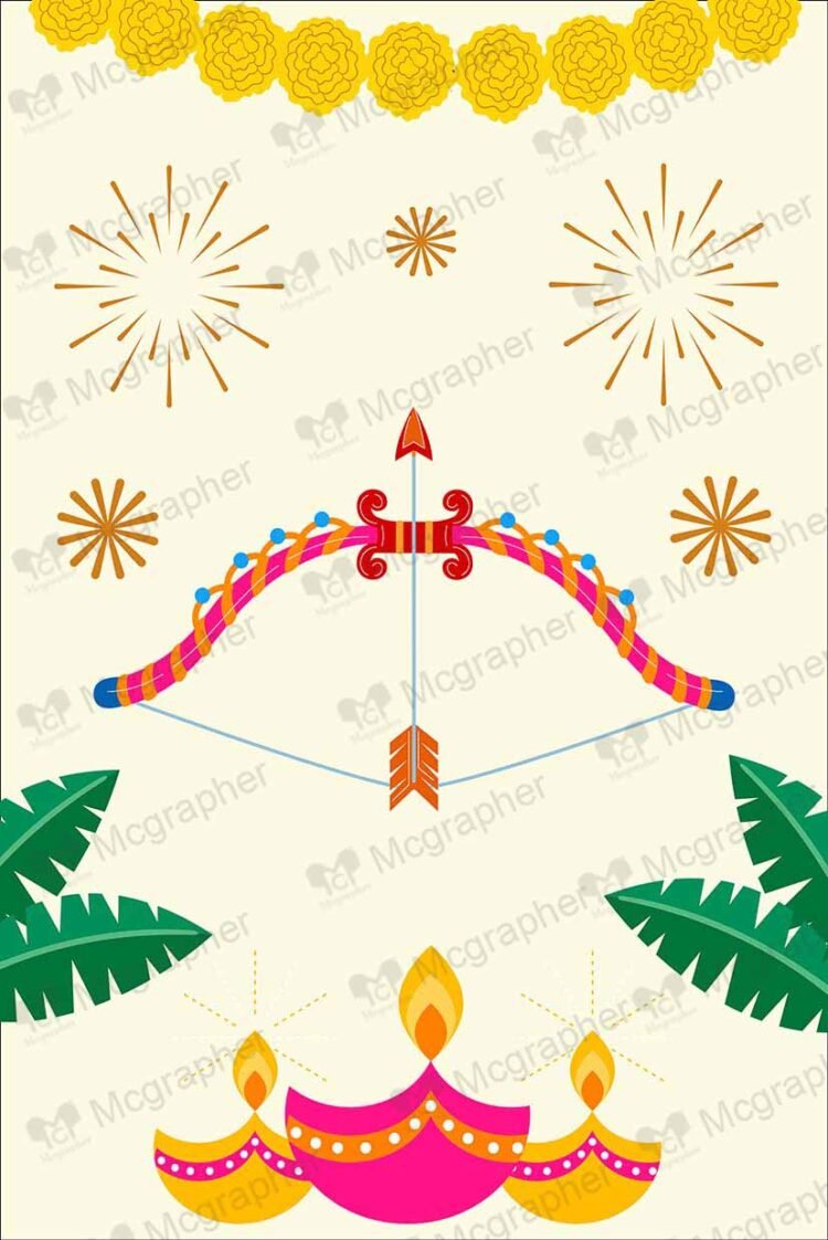 Bow with arrow and three diyas