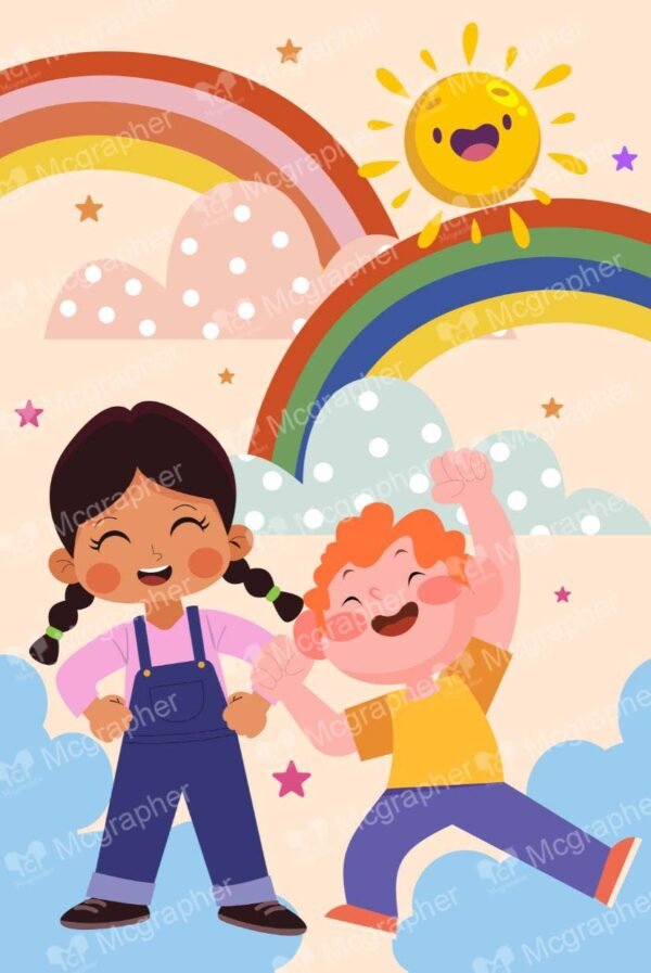 Children playing under a rainbow