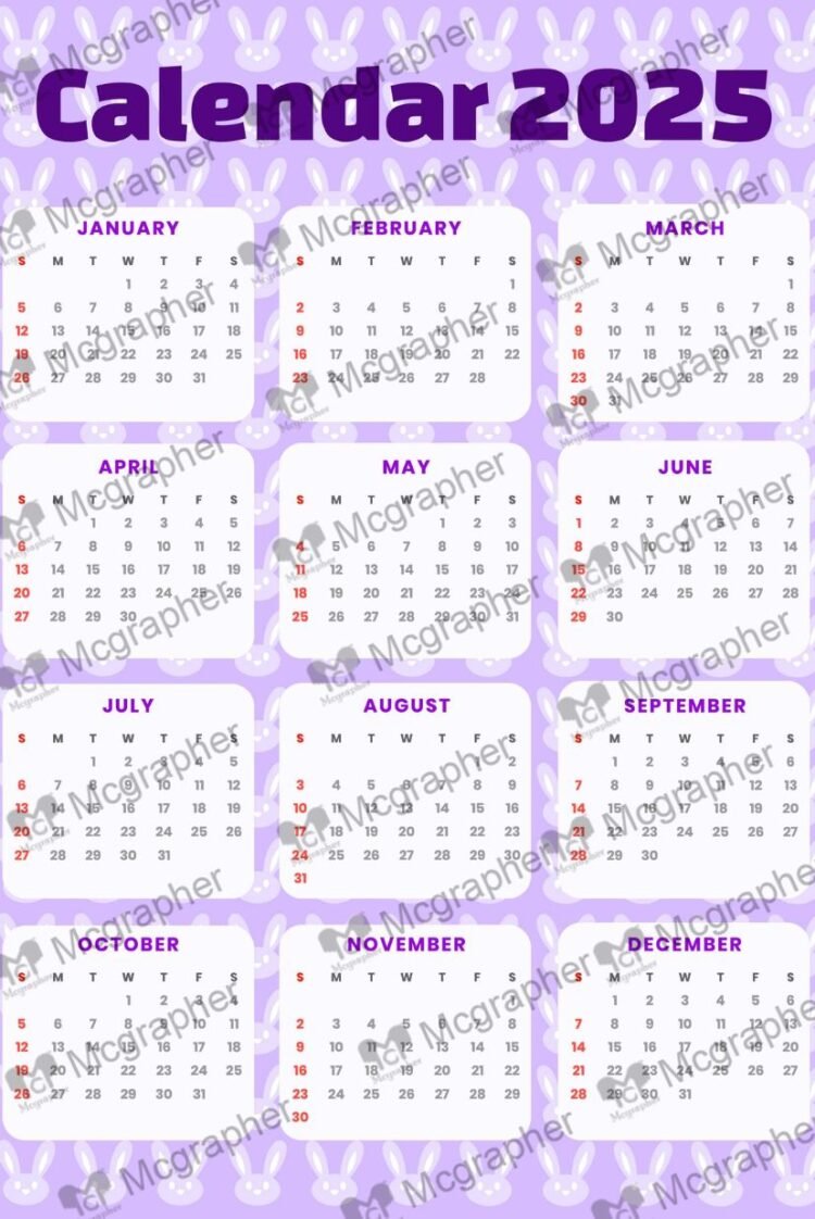 2025 Cute Bunny Purple Calendar