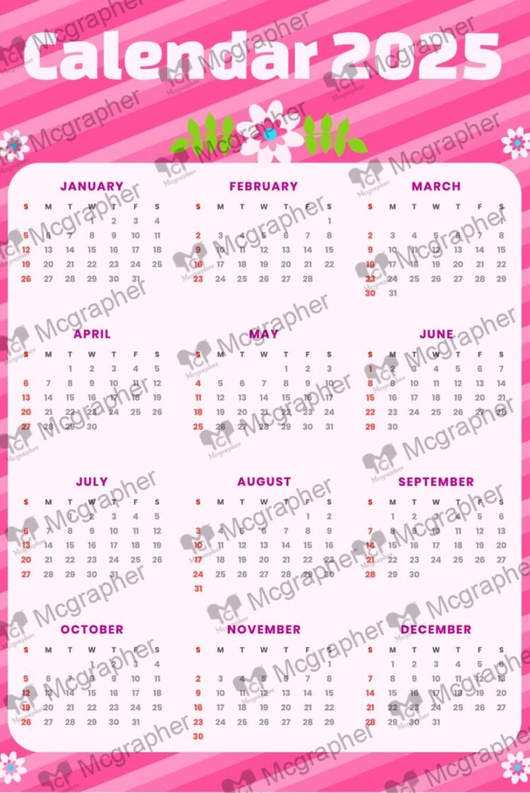 2025 Cute Pink Calendar