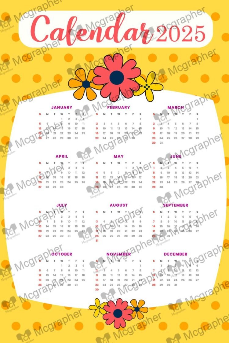 2025 Flowers Yellow Calendar