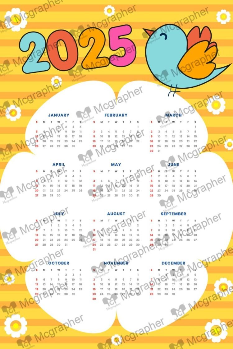 2025 Cute Bird Yellow Calendar