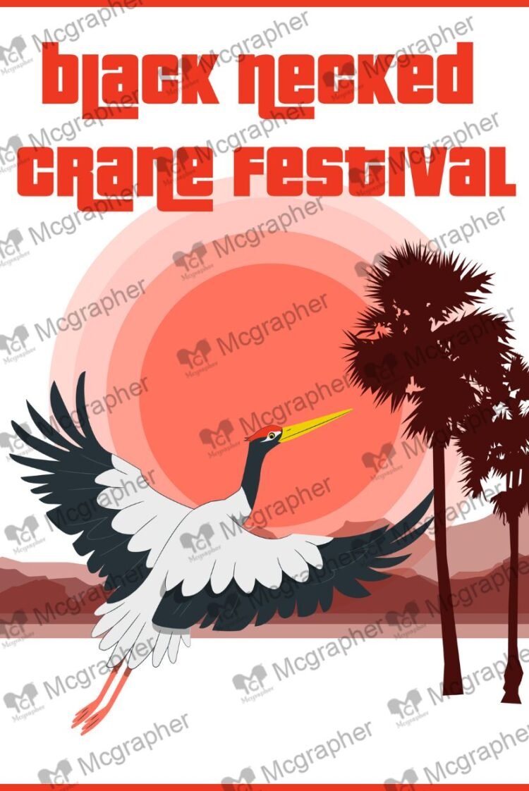 Black necked crane Bhutan Vector Illustration