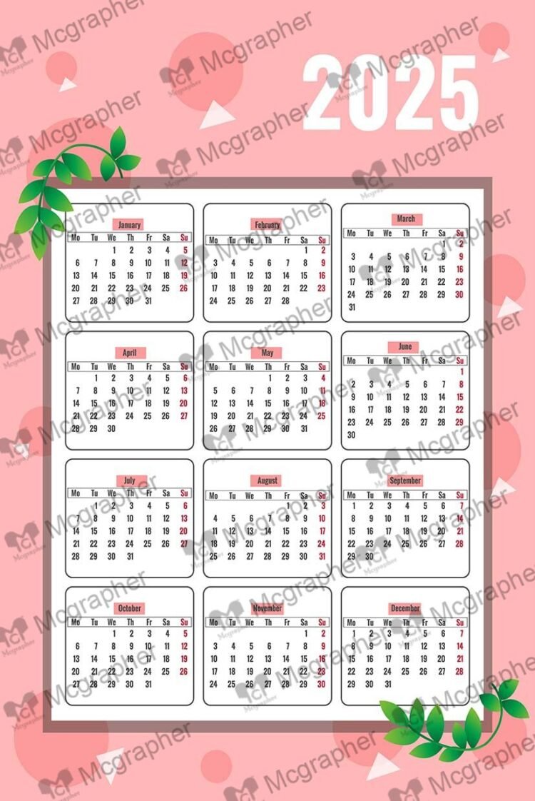 2025 Calendar with pink background