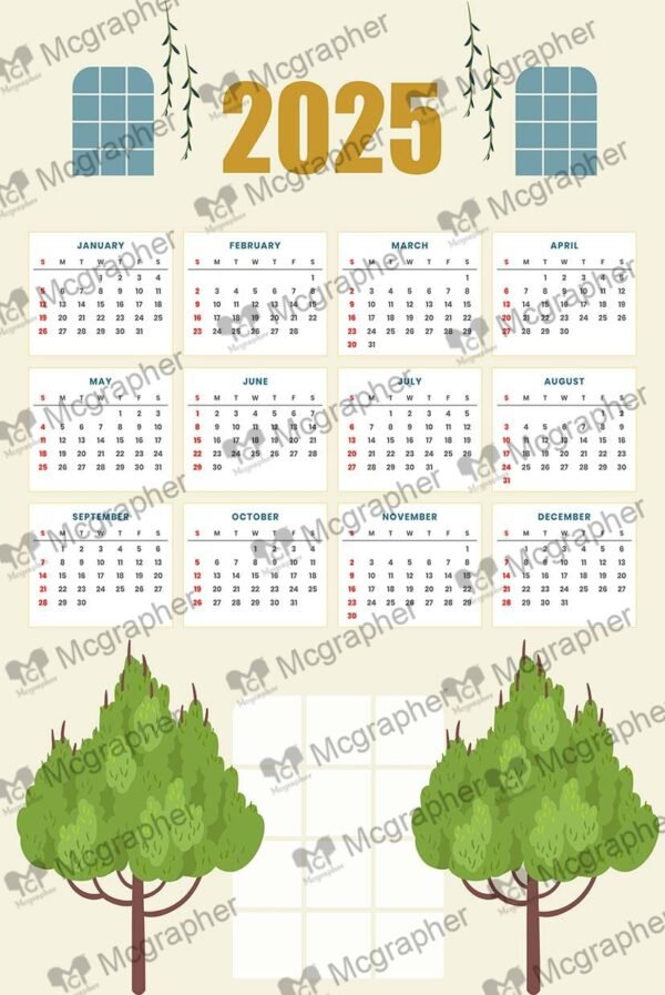 2025 Calendar with trees