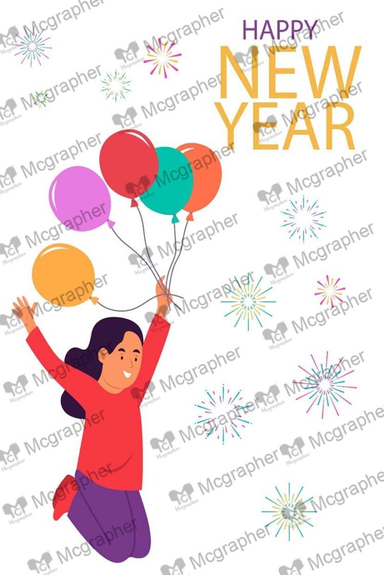 Happy new year Girl Celebrating with Balloons Illustration