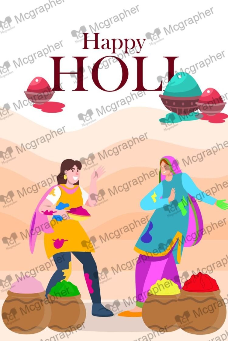 Happy Holi Festival girls playing Illustration